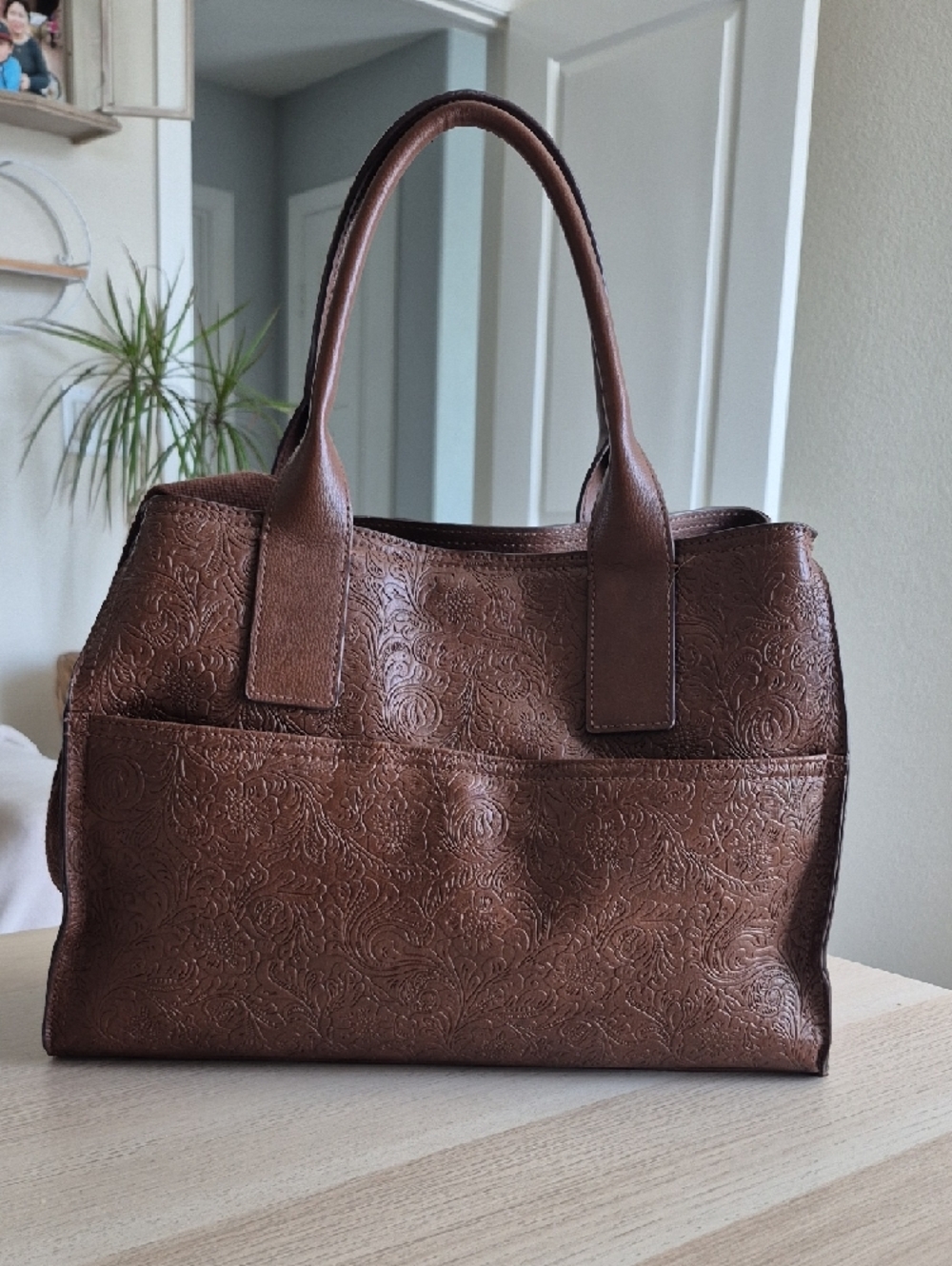 Lucky Brand Brown Floral Embossed Leather Satchel - Picture 6 of 12